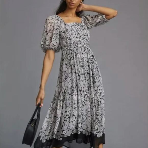 Delicate floral silk Anthropologie dress size SP light pink, ivory & black - Picture 2 of 11